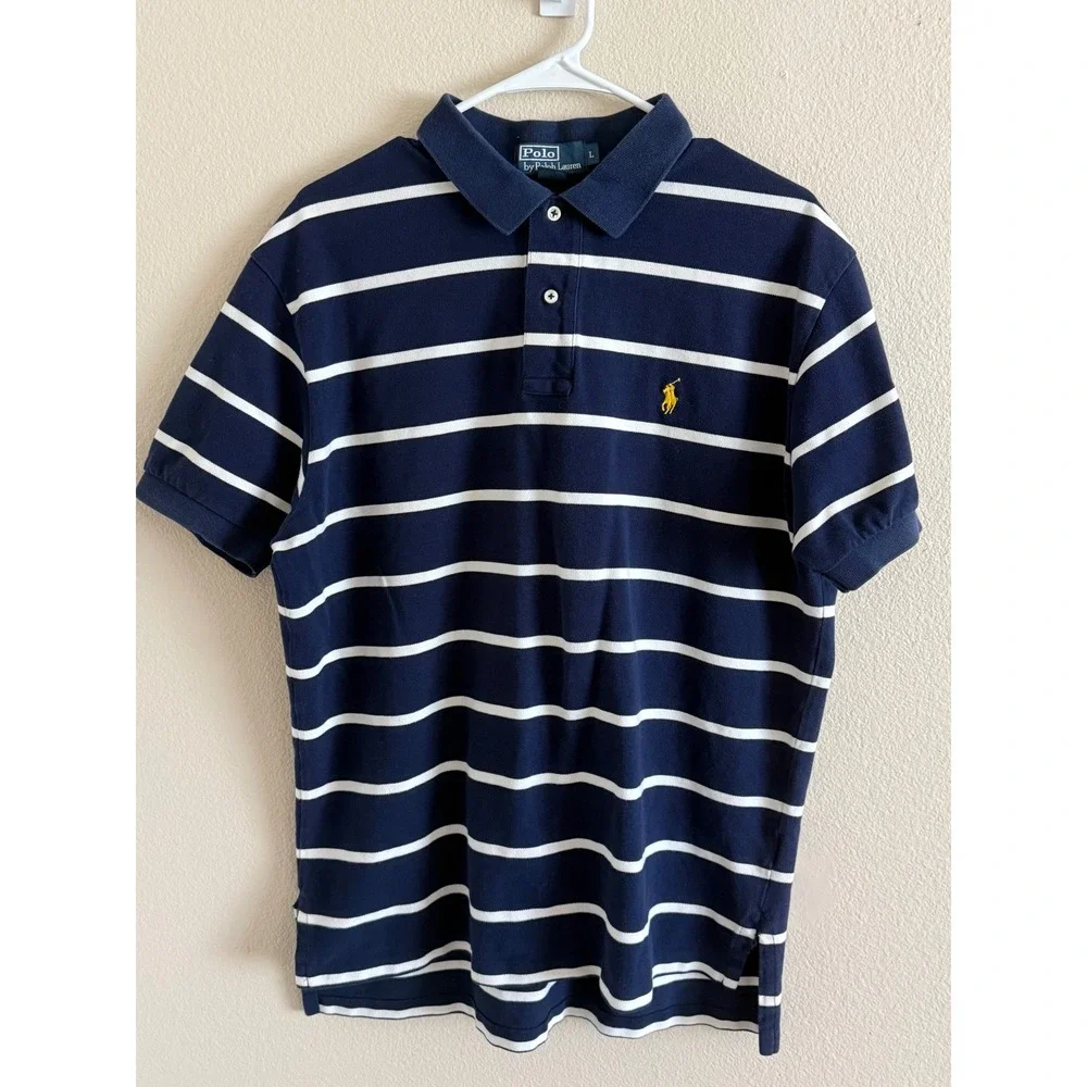 Polo Ralph Lauren Mens Large Navy White Striped Short Sleeve Pique Polo Shirt